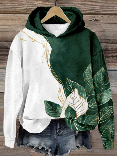 Casual Long Sleeve Hoodie Leaf Zipper Loose Regular Sweatshirt