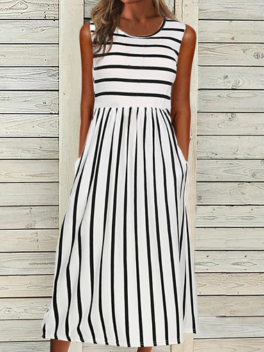 Casual Sleeveless Crew Neck Striped Midi Dress