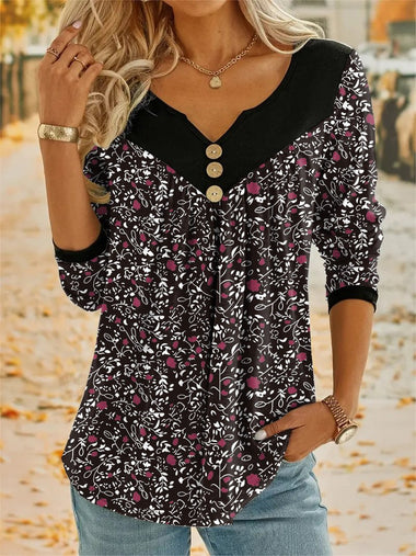 Casual Long Sleeve Notched Floral Loose Regular Blouse