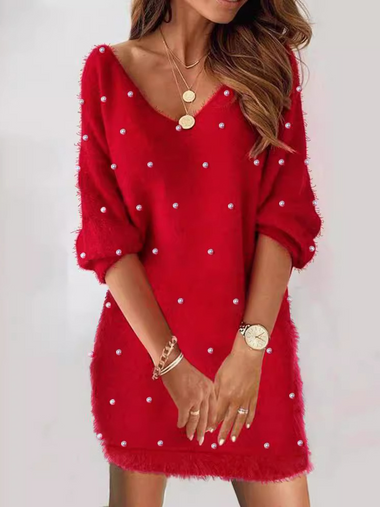 Casual Long Sleeve V Neck Plain Loose Short Dress