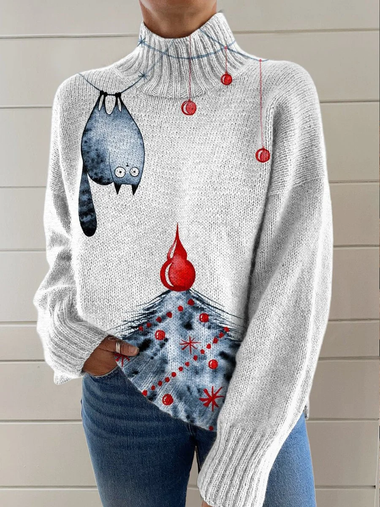 Casual Long Sleeve Turtleneck Cat Loose Regular Sweatshirt