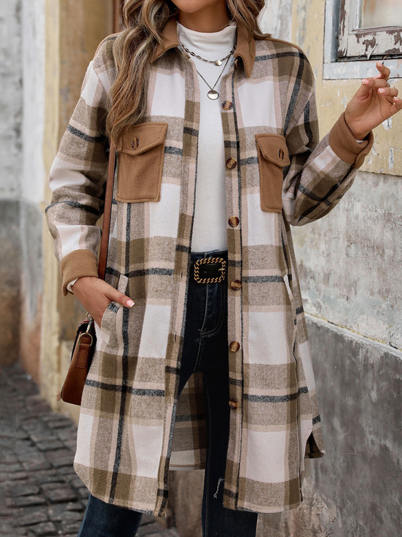 Loose Shawl Collar Long Sleeve Plaid Casual Regular Jacket