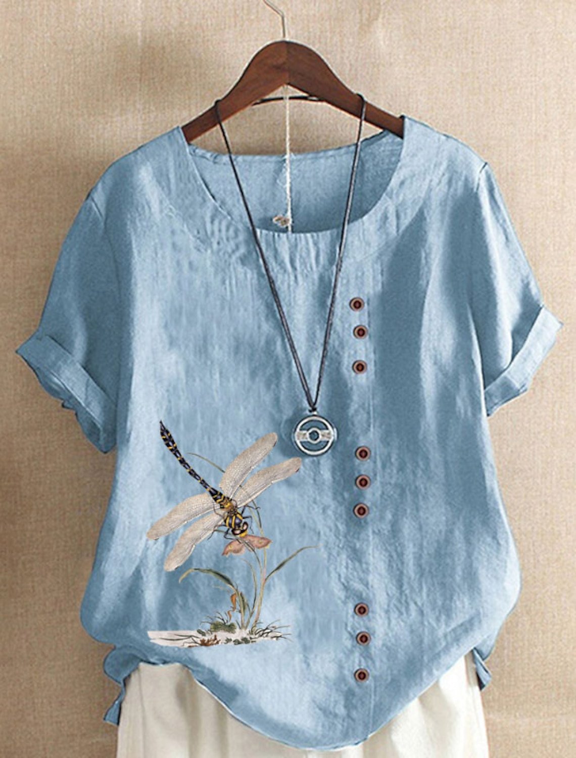 Loose Short Sleeve Crew Neck Dragonfly Casual Mid-Long Blouse