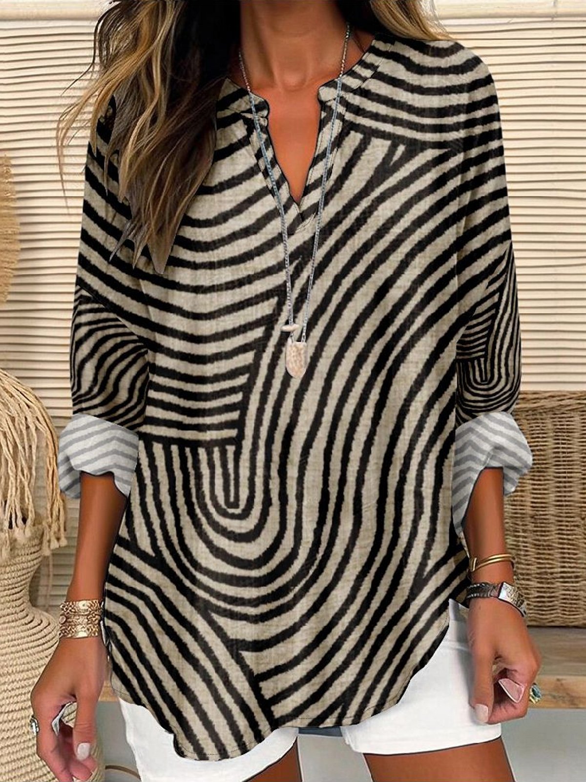 Casual Long Sleeve Notched Abstract Stripes Loose Mid-Long Blouse