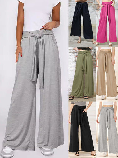 Casual Plain Knot Front Loose Long Pants