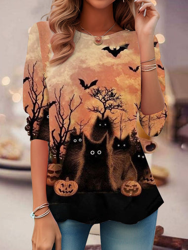 Vintage Long Sleeve Crew Neck Cat Loose Regular Blouse