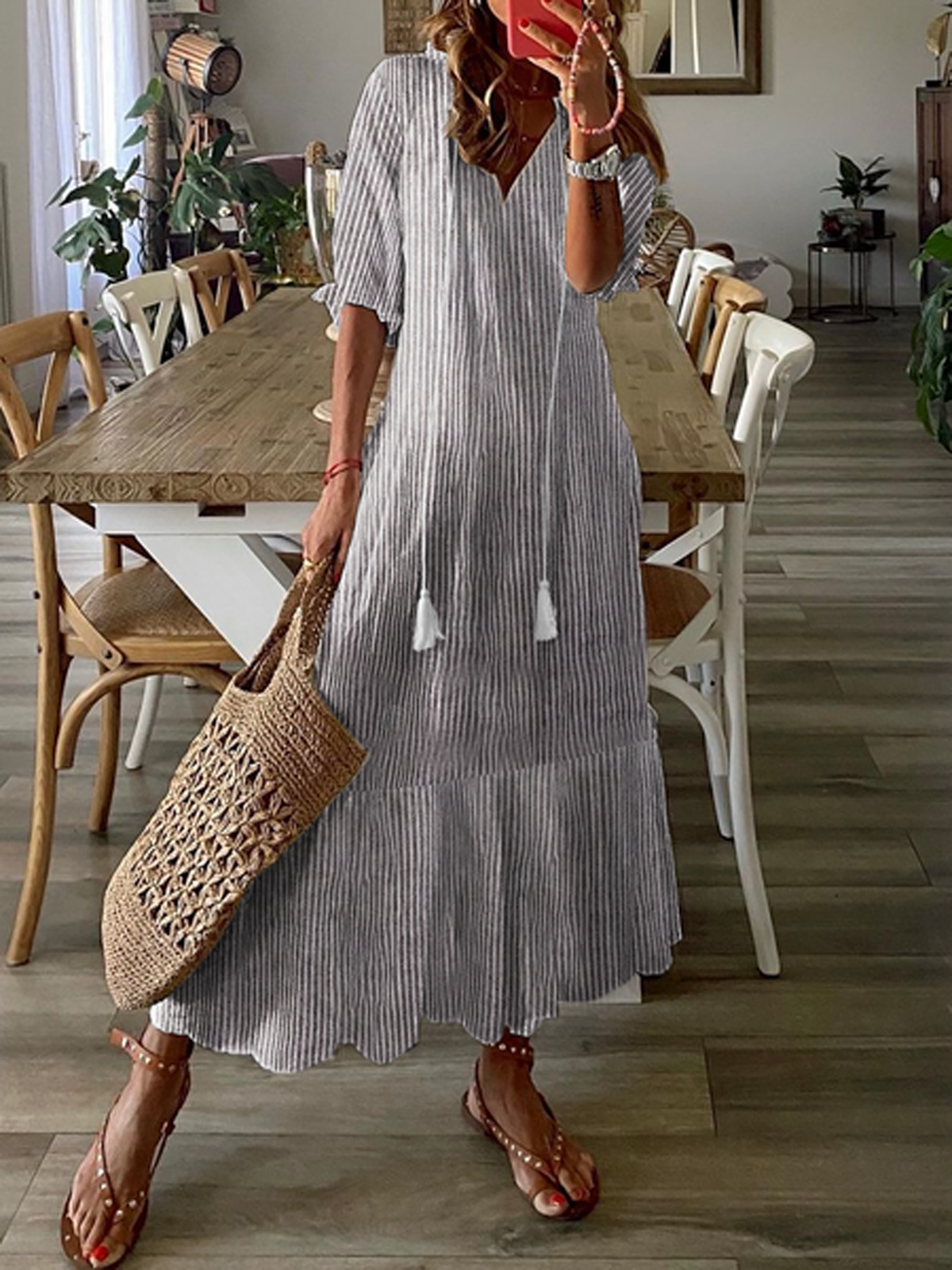 Casual Half Sleeve V Neck Striped Loose Maxi Dress