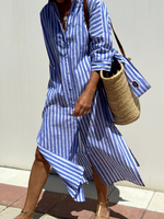 Casual Half Sleeve Shirt Collar Striped Midi Dress