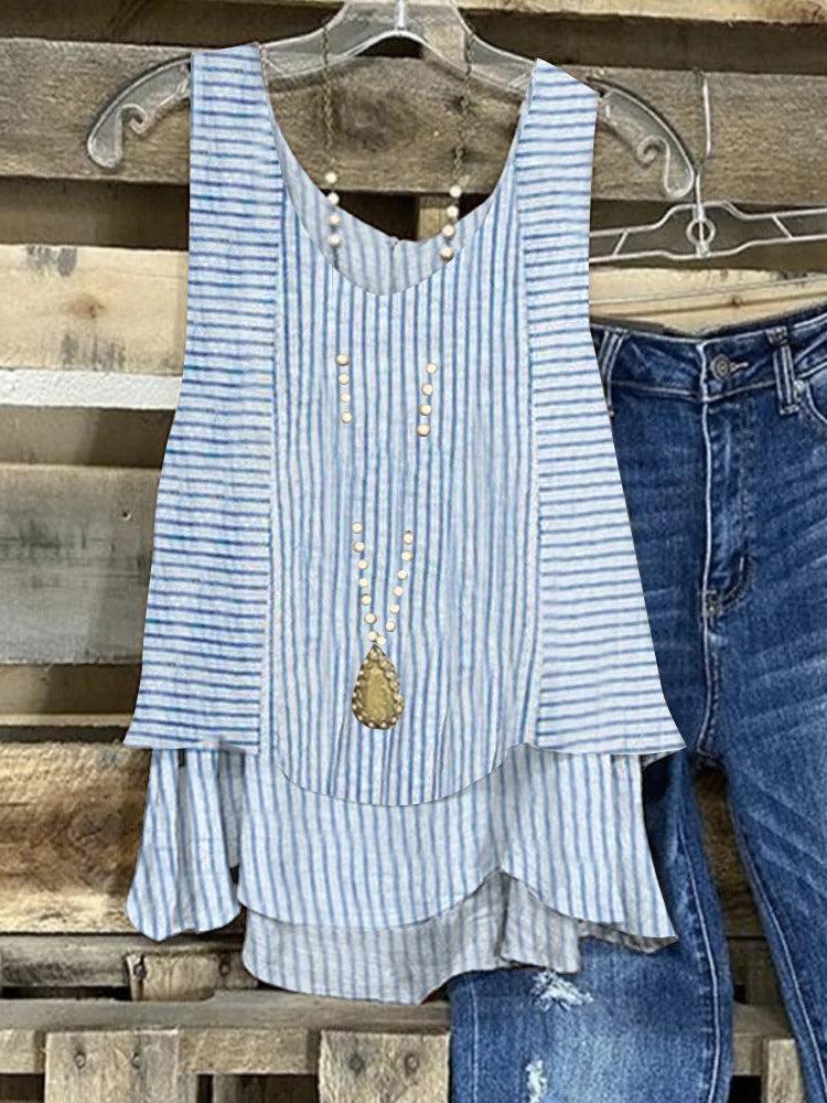 Loose Sleeveless V Neck Striped Casual Mid-Long Tank Top