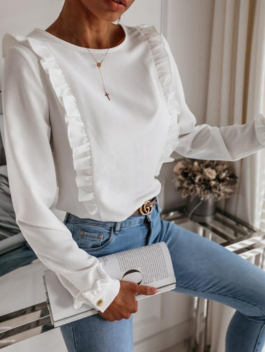 Casual Long Sleeve Crew Neck Plain Loose Regular Blouse