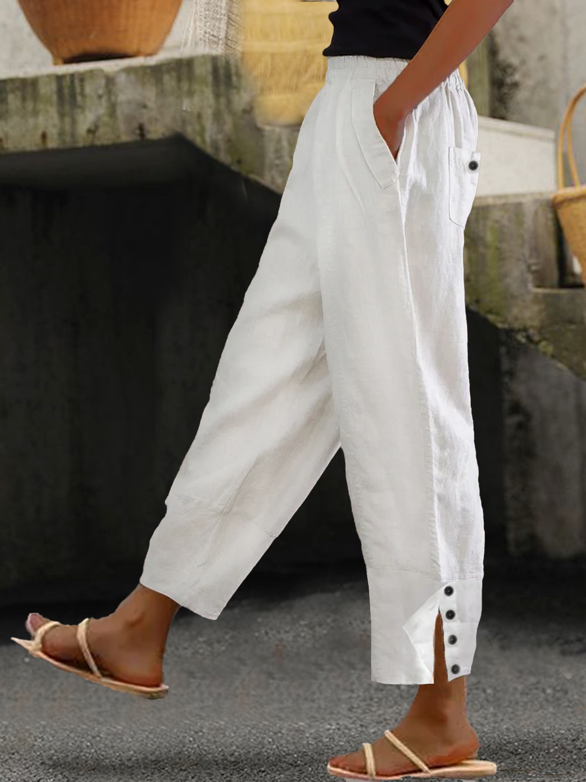 Linen Plain Buttoned Loose Long Pants