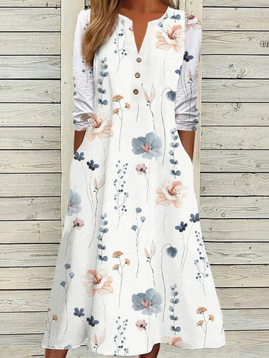 Casual Long Sleeve Notched Floral Loose Midi Dress