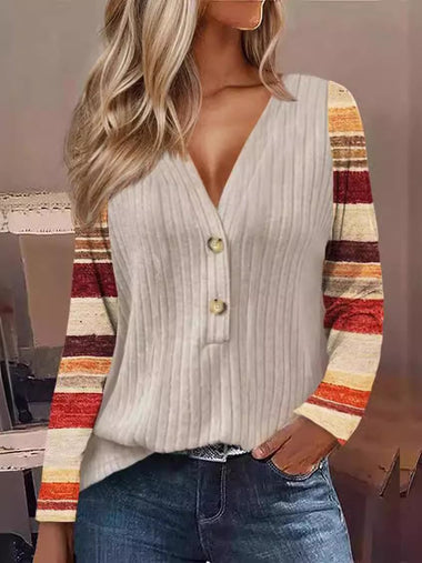 Loose Long Sleeve V Neck Striped Casual Regular Blouse