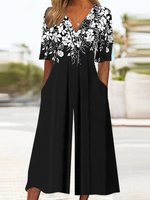 Loose Short Sleeve V Neck Floral Casual Ankle Jumpsuit