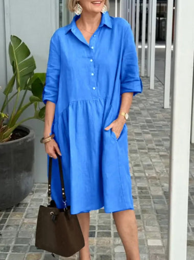 Casual Half Sleeve Shirt Collar Plain Loose Midi Dress