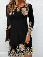 Casual Long Sleeve Crew Neck Floral Loose Mini Dress