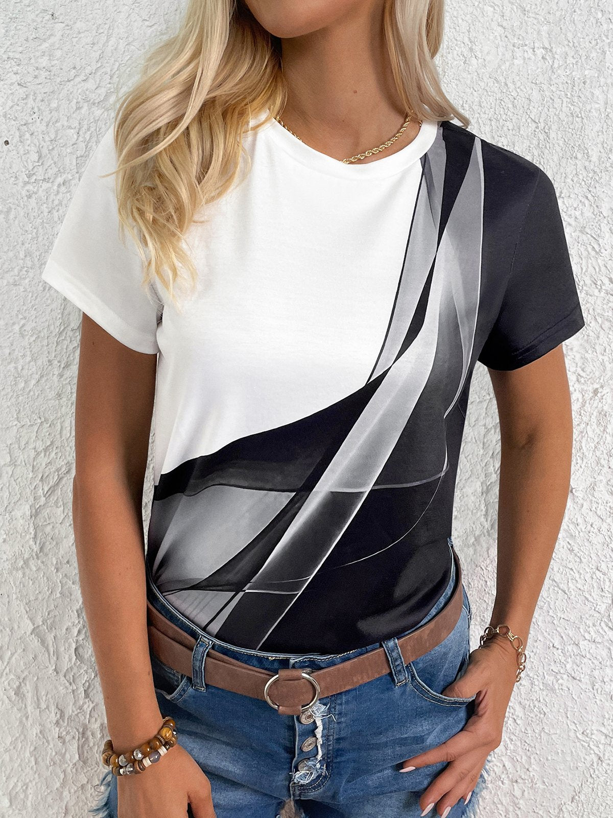 Casual Short Sleeve Crew Neck Geometric Loose Regular T-Shirt