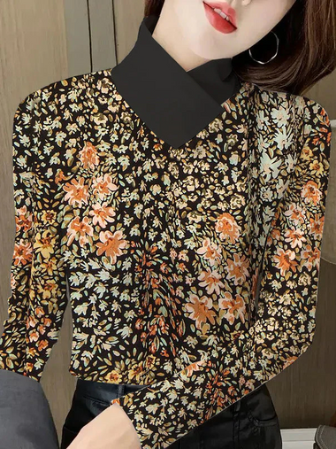 Plus Size Casual Long Sleeve Floral Regular Blouse