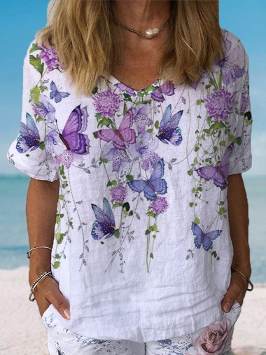 Loose Short Sleeve V Neck Floral Casual Regular Blouse