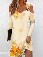 Casual Long Sleeve Cold Shoulder Maple Leaf Loose Short Dress