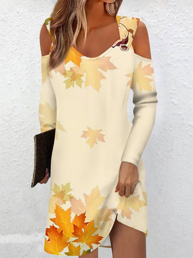 Casual Long Sleeve Cold Shoulder Maple Leaf Loose Short Dress