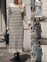 Casual Long Sleeve Crew Neck Striped Loose Midi Dress