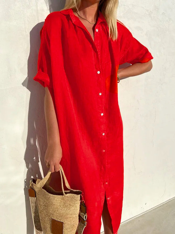 Casual Half Sleeve Shirt Collar Plain Loose Maxi Dress