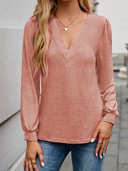 Loose Long Sleeve V Neck Plain Casual Regular T-Shirt