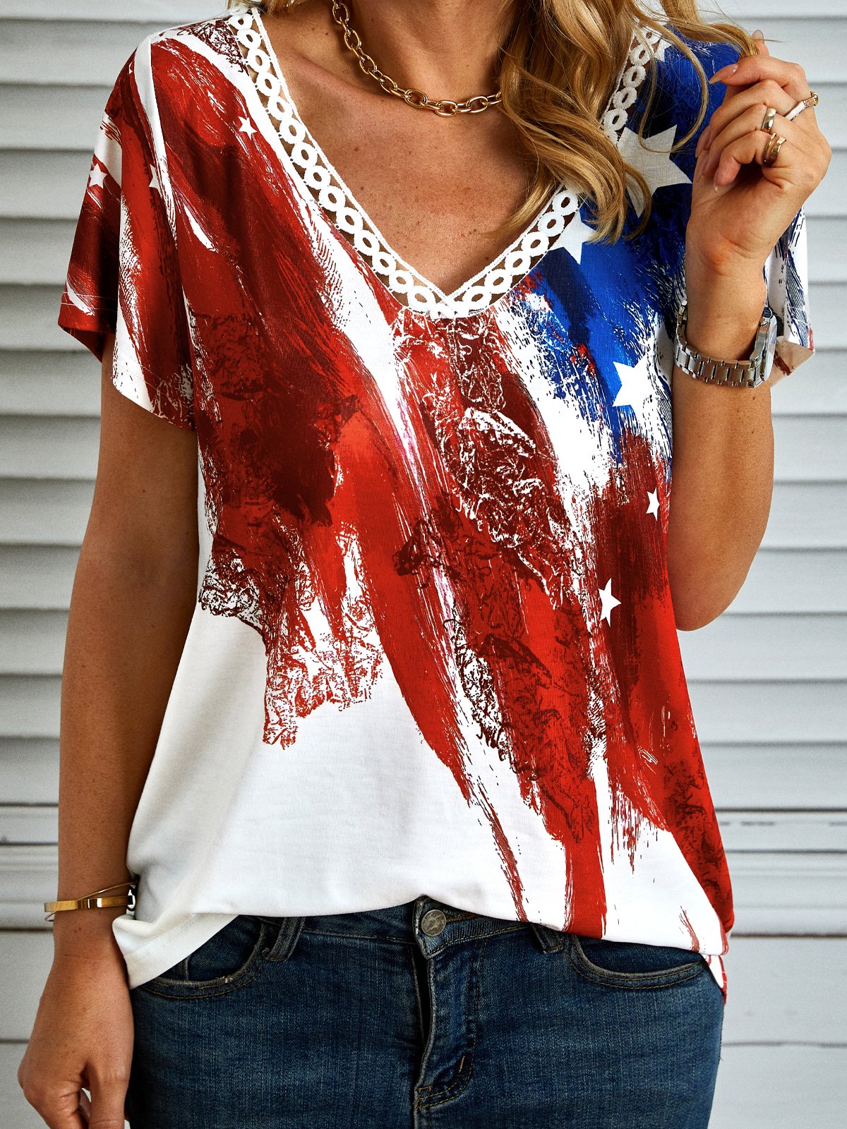 Casual Short Sleeve V Neck America Flag Regular T-Shirt