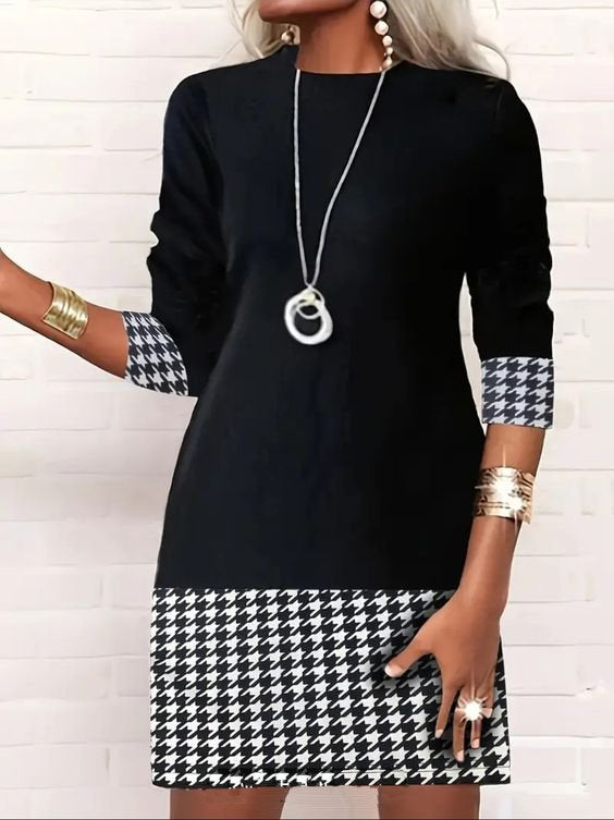 Casual Long Sleeve Houndstooth Short Dress