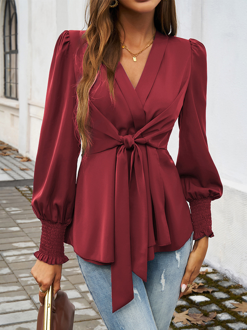 Casual Long Sleeve V Neck Plain Loose Regular Blouse