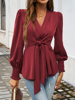 Casual Long Sleeve V Neck Plain Loose Regular Blouse