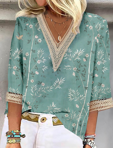 Casual Three Quarter Sleeve V Neck Floral Loose Regular Blouse