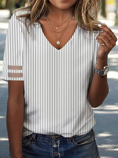 Casual Short Sleeve V Neck Striped Hollow Out Loose Regular Blouse