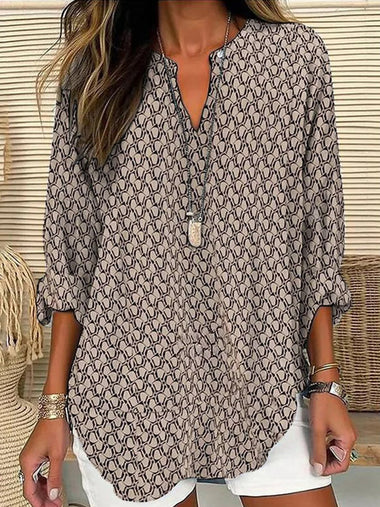 Casual Long Sleeve V Neck Geometric Loose Regular Blouse