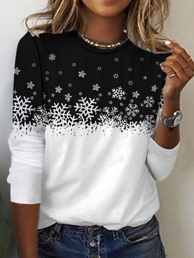 Casual Long Sleeve Crew Neck Snowflake Loose Regular Blouse