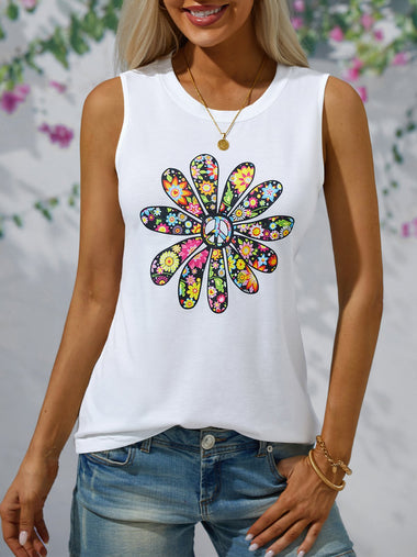 Loose Sleeveless Crew Neck Floral Casual Regular Top