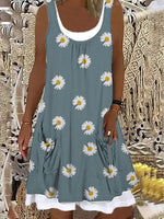 Loose Crew Neck Sleeveless Printed Floral Vintage Knee-High Short Dress