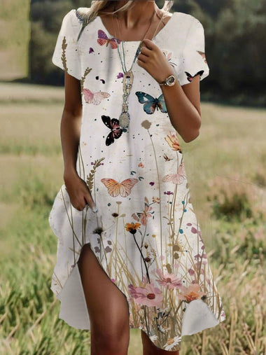 Casual Short Sleeve Crew Neck Floral Loose Short Dress