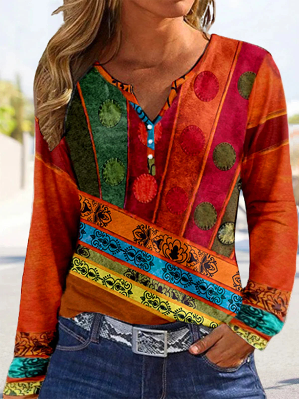 Casual Long Sleeve Notched Abstract Loose Regular Blouse