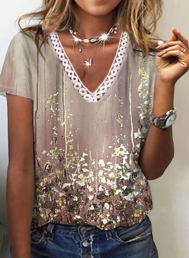 Loose Short Sleeve V Neck Floral Casual Regular T-Shirt