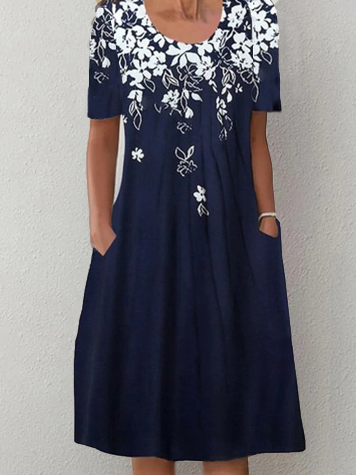 Casual Short Sleeve Crew Neck Floral Loose Midi Dress