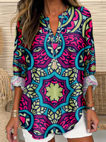 Casual Long Sleeve V Neck Ethnic Loose Regular Blouse