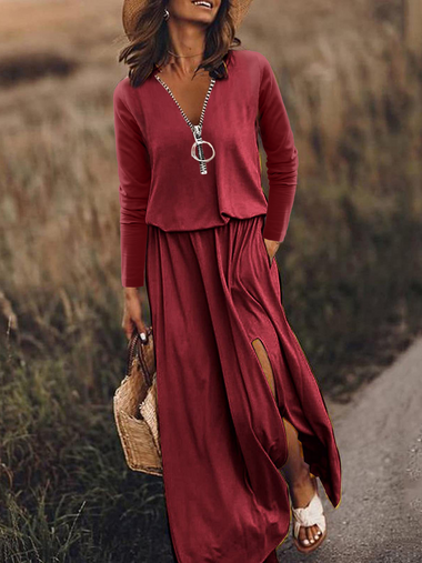 Casual Long Sleeve V Neck Text Letters Zipper Midi Dress