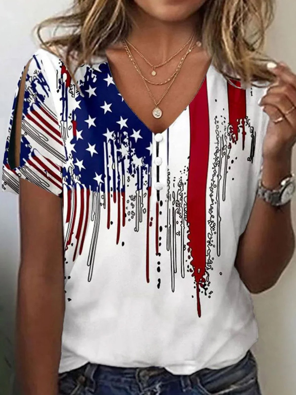 Casual Short Sleeve V Neck America Flag Loose Regular T-Shirt