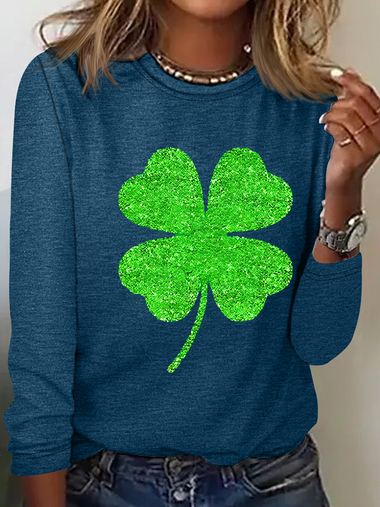 Casual Long Sleeve Crew Neck Four-Leaf Clover Loose Regular T-Shirt