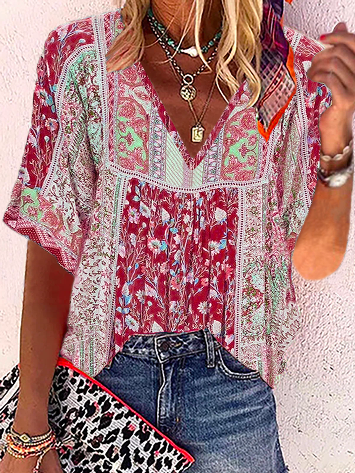 Loose Short Sleeve V Neck Ethnic Casual Regular Blouse