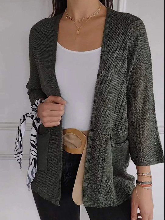 Loose V Neck Three Quarter Sleeve Plain Casual Regular Cardigan