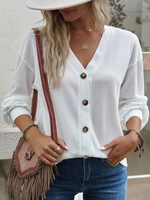 Loose Long Sleeve V Neck Plain Casual Regular Blouse