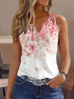 Loose Sleeveless Notched Floral Cherry Blossoms Casual Regular Tank Top